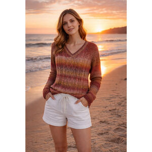 Prana Leisel Cable Knit Sweater Womens Large Burnt Orange  Ombre Beach Coastal